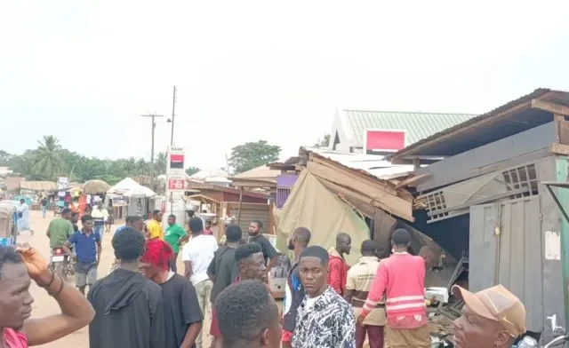 Brake Failure Causes Chaos: Backhoe Loader Hits Bibiani Shops